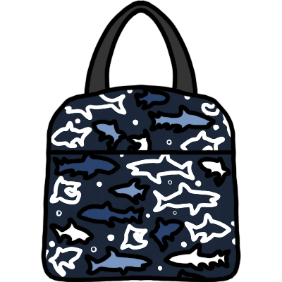  A dark blue lunch bag patterned with sharks.